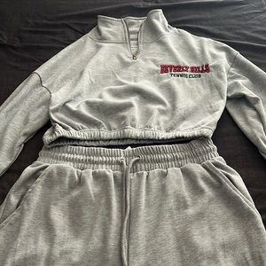 2 piece sweatsuit set with gray, black and burgundy